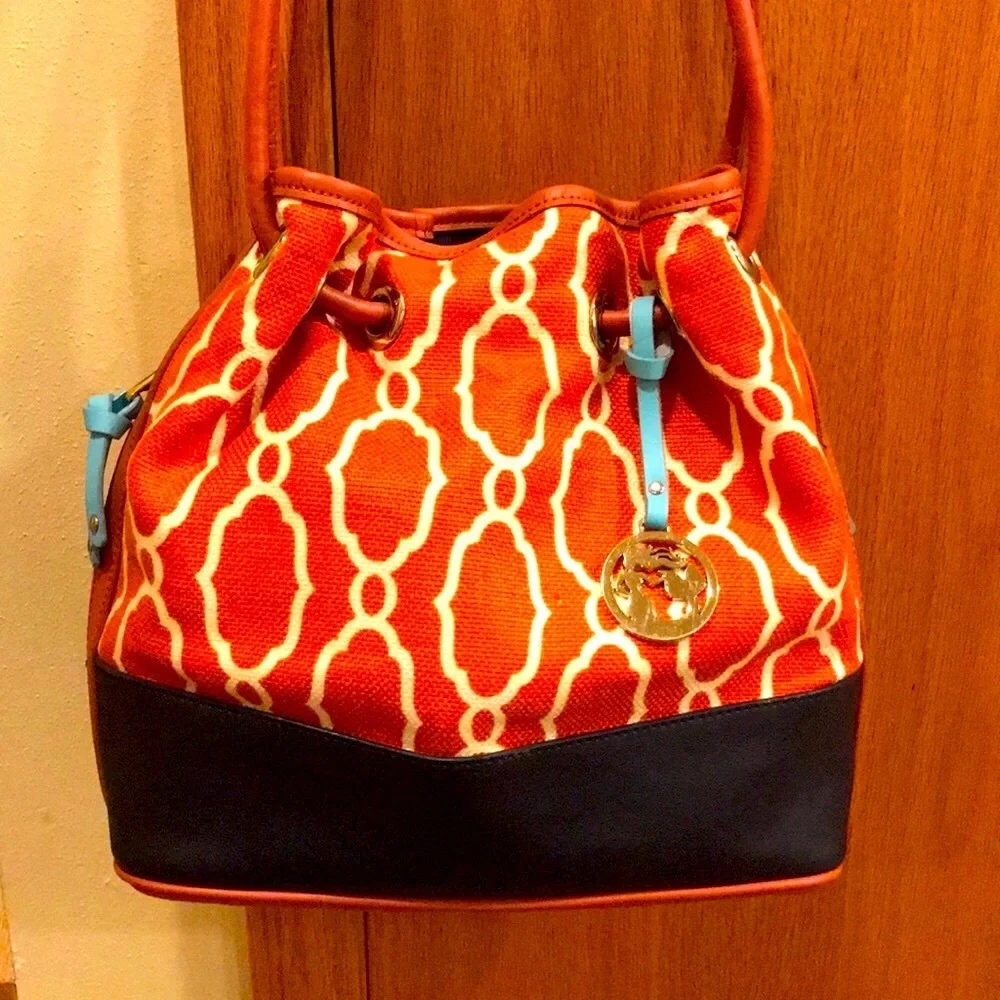 Spartina 449 Sallie Ann Orange Cream Navy leather linen Bucket Bag purse VGUC